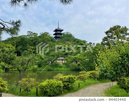 A temple surrounded by greenery in a Japanese garden 94403448