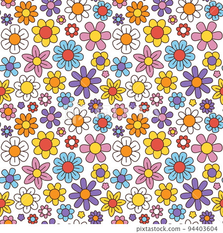 70s groovy flower pattern, chamomile and daisy flowers print. 60s abstract floral fabric, psychedelic retro colors, vintage botanic. Decor textile, wrapping paper, wallpaper vector seamless background 70s groovy flower pattern, chamomile and daisy flowers print. 60s abstract floral fabric, psychedelic retro colors, vintage botanic. Decor textile, wrapping paper, wallpaper vector seamless background 94403604