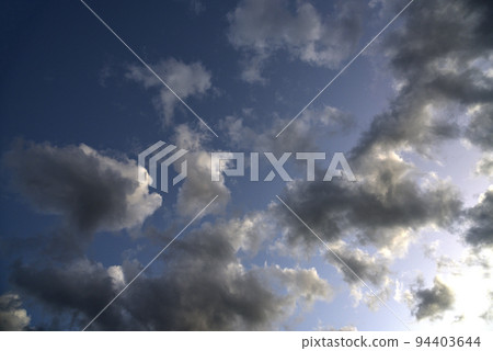 Silvery clouds in the blue sky in the evening. Beautiful blue clouds on a summer evening. 94403644