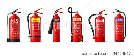 Fire safety equipment manual. Chemical foam. Red cylinders with spray hoses. Ignition extinguish instruction concept. Firefighting powder. Flame emblem and guide. Vector isolated extinguishers set Fire safety equipment manual. Chemical foam. Red cylinders with spray hoses. Ignition extinguish instruction concept. Firefighting powder. Flame emblem and guide. Vector isolated extinguishers set 94403647