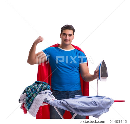 Super hero man husband ironing isolated on white Super hero man husband ironing isolated on white 94405543