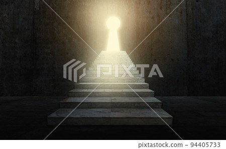 Ladder leading to success behind the keyhole door in the dark room. Light and shiny growing through from key hole. Business key way to success concept Ladder leading to success behind the keyhole door in the dark room. Light and shiny growing through from key hole. Business key way to success concept 94405733