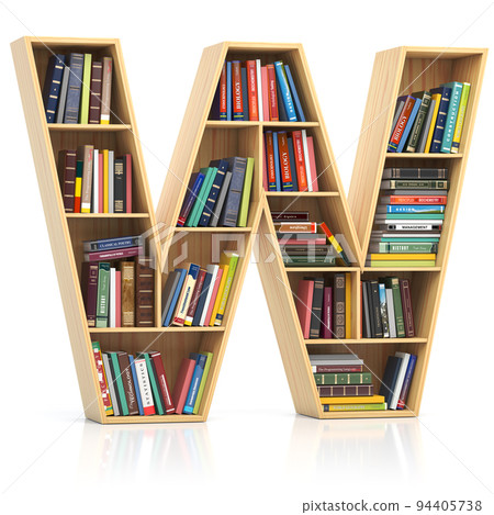 Letter W in form of bookshelf with book and texbooks. Educational and learning conceptual font and alphabet. Letter W in form of bookshelf with book and texbooks. Educational and learning conceptual font and alphabet. 94405738