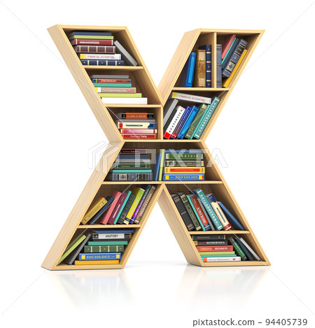 Letter X in form of bookshelf with book and texbooks. Educational and learning conceptual font and alphabet. 94405739