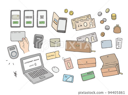 Hand-drawn illustration set related to various payment methods and money (color) 94405861