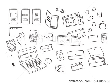 Hand-drawn illustration set related to various payment methods and money (monochrome) 94405862