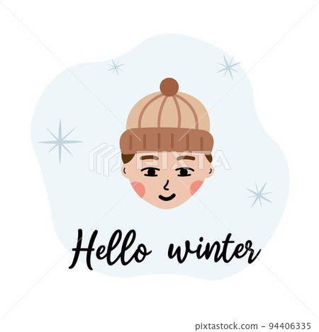 Hello winter hygge cozy illustration boy face with lettering. Perfect for postcard, template, book print. 94406335