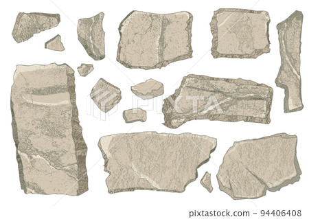 Stone set. Cartoon art broken rock blocks. Realistic texture debris mountain isolated on white. Natural boulder wall shape. Watercolor style. Cliff beach color stones. Vector illustration Stone set. Cartoon art broken rock blocks. Realistic texture debris mountain isolated on white. Natural boulder wall shape. Watercolor style. Cliff beach color stones. Vector illustration 94406408