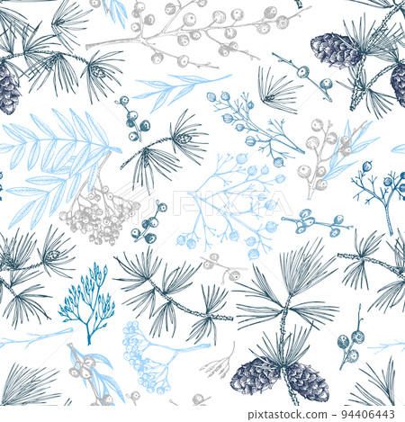 Winter christmas seamless pattern with twigs, berries, and leaves of plant isolated on white background. Hand-drawn vintage sketch botanical illustration Engraving style Flat color vector 94406443