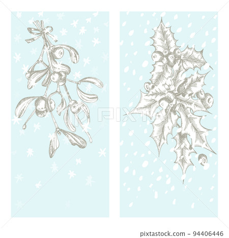 Set christmas new year card with mistletoe and holly Winter plants isolated on blue snow background. Hand-drawn vintage sketch botanical art. Engraving style. Vector illustration Set christmas new year card with mistletoe and holly Winter plants isolated on blue snow background. Hand-drawn vintage sketch botanical art. Engraving style. Vector illustration 94406446
