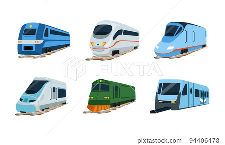 Set of train locomotives. Retro and modern rail transport flat vector illustration Set of train locomotives. Retro and modern rail transport flat vector illustration 94406478