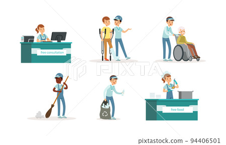 Teenage volunteers set. Children sweeping streets, collecting plastic waste, help disabled and elderly people cartoon vector illustration 94406501