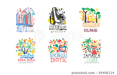 Tropical islands labels set. Malta, Easter, Madagascar, Bora Bora, Seychelles, Jamaica badges for tourist agency, tropical party, exoic vacation design hand drawn vector illustration 94406514