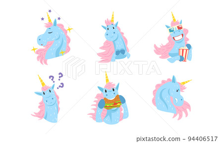 Funny unicorn with various face expression set. Happy, thoughtful, frightened mythical animal character cartoon vector illustration 94406517