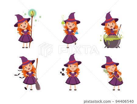 Cute little girl witches set. Beautiful redhead girl dressed purple dress and pointed hat practicing witchcraft cartoon vector illustration Cute little girl witches set. Beautiful redhead girl dressed purple dress and pointed hat practicing witchcraft cartoon vector illustration 94406540