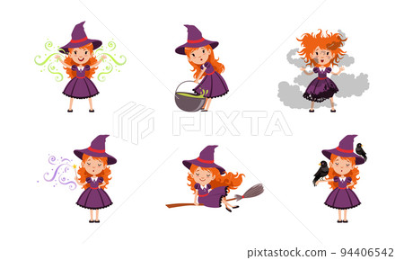 Cute little girl witches set. Beautiful redhead girl dressed purple dress and pointed hat flying on broom, making magic potion in cauldron cartoon vector Cute little girl witches set. Beautiful redhead girl dressed purple dress and pointed hat flying on broom, making magic potion in cauldron cartoon vector 94406542