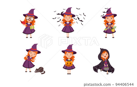 Cute little girl witches set. Beautiful redhead girl dressed purple dress and pointed hat celebrating Halloween cartoon vector illustration 94406544