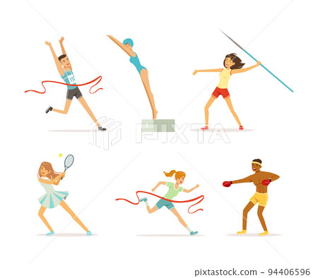 People doing different sports set. Athletes playing tennis, running, throwing javelin, boxing, swimming vector illustration People doing different sports set. Athletes playing tennis, running, throwing javelin, boxing, swimming vector illustration 94406596