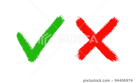 Grunge hand drawn tick check and cross mark. Brush drawn symbols OK, YES and NO, X. Tick V and cross X for check box. True and false icons. Vector illustration isolated on white background 94406974