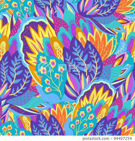Colorful seamless pattern with crazy psychedelic organic abstract elements, print with plant and mushrooms motifs Colorful seamless pattern with crazy psychedelic organic abstract elements, print with plant and mushrooms motifs 94407259