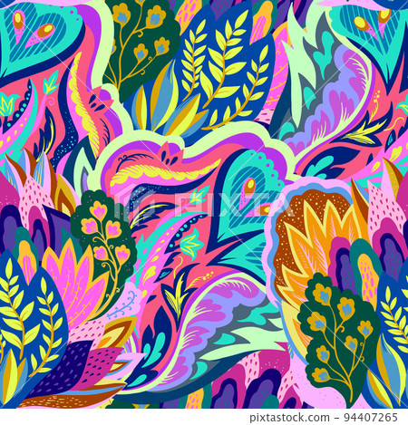 Colorful seamless pattern with crazy psychedelic organic abstract elements, print with plant and mushrooms motifs Colorful seamless pattern with crazy psychedelic organic abstract elements, print with plant and mushrooms motifs 94407265