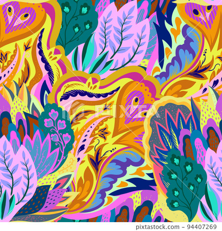 Colorful seamless pattern with crazy psychedelic organic abstract elements, print with plant and mushrooms motifs Colorful seamless pattern with crazy psychedelic organic abstract elements, print with plant and mushrooms motifs 94407269