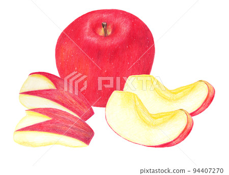 Hand-drawn colored pencil drawing Fuji apple whole and how to cut multiple Hand-drawn colored pencil drawing Fuji apple whole and how to cut multiple 94407270