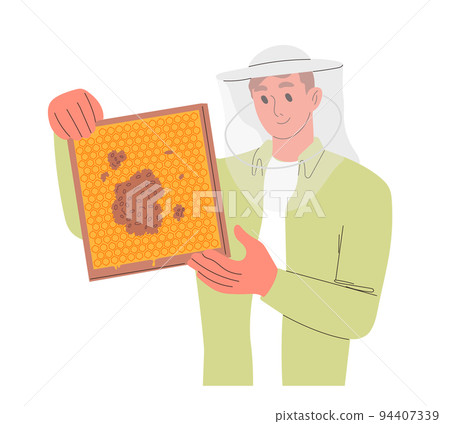 Male beekeeper hold wooden frame with honeycomb. Male beekeeper hold wooden frame with honeycomb. 94407339