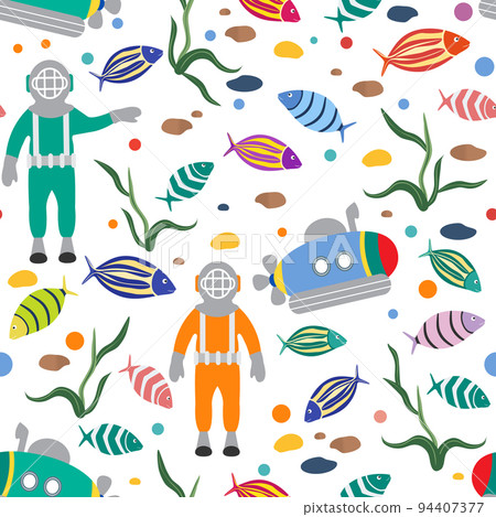 Childish Marine Pattern Diver Submarine Underwater Childish Marine Pattern Diver Submarine Underwater 94407377