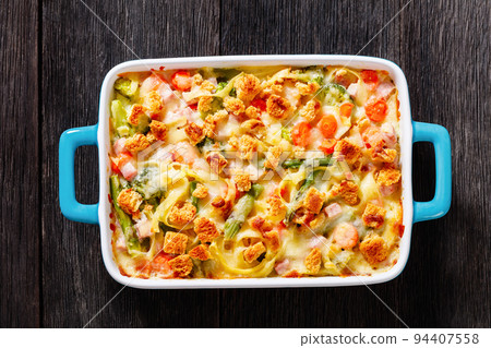 Ham and Noodle Casserole in baking dish, top view Ham and Noodle Casserole in baking dish, top view 94407558