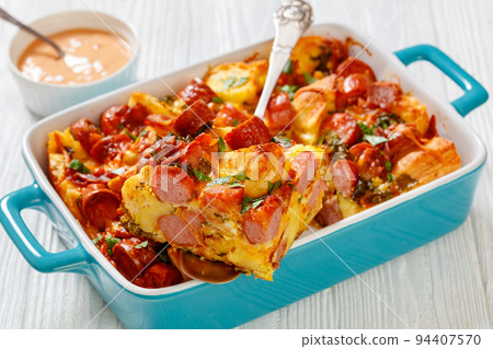 english muffin egg sausage bake, top view english muffin egg sausage bake, top view 94407570