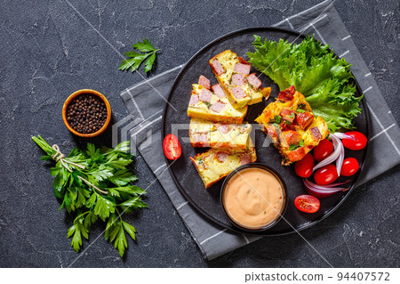 english muffin egg sausage casserole, top view english muffin egg sausage casserole, top view 94407572