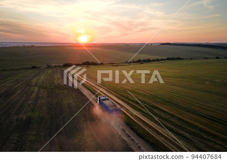 Aerial view of cargo truck driving on dirt road between agricultural wheat fields making lot of dust. Transportation of grain after being harvested by combine harvester during harvesting season Aerial view of cargo truck driving on dirt road between agricultural wheat fields making lot of dust. Transportation of grain after being harvested by combine harvester during harvesting season 94407684