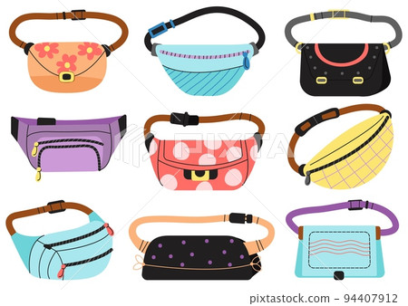 Funny girl waist bag. Wallets bags accessories, cool fashion packed for different things. Cartoon unisex purse, colorful wallet decent vector collection 94407912