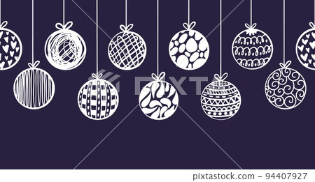 Doodle christmas ball pattern. Drawn baubles xmas decoration. Sketch hanging balls seamless texture. Decorative graphic neoteric vector ornament Doodle christmas ball pattern. Drawn baubles xmas decoration. Sketch hanging balls seamless texture. Decorative graphic neoteric vector ornament 94407927