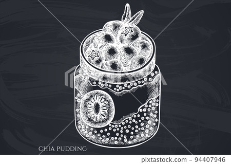 Chia pudding with berries in glass jar sketch Vector Image