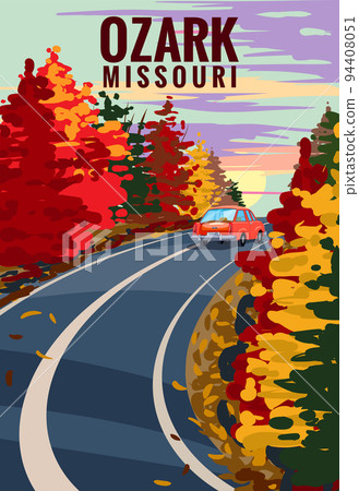 Ozark Missouri travel vintage poster, autumn road, car. Retro illustration 94408051