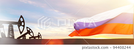 Oil in Russia. Flag of Russian Federation and oil refinery. Oil exports. Oil in Russia. Flag of Russian Federation and oil refinery. Oil exports. 94408244