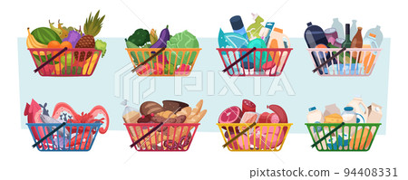 Shopping carts. Grocery products from market natural food fruits milk meat and vegetables exact vector grocery basket 94408331