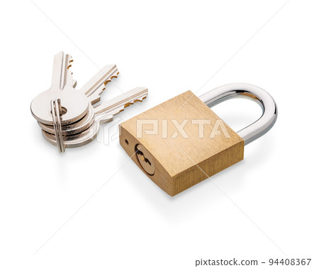 Brass padlock with keys isolated on white 94408367