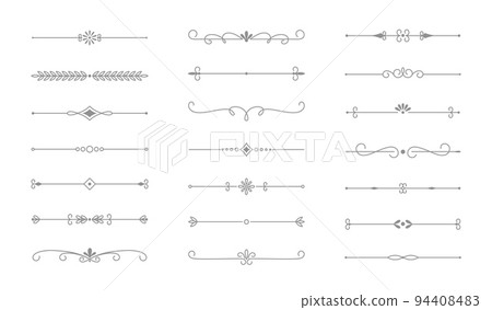 Classic line separators. Flourishes decorative dividers, book embellishment decoration ornaments, vintage vector text calligraphic boarders Classic line separators. Flourishes decorative dividers, book embellishment decoration ornaments, vintage vector text calligraphic boarders 94408483