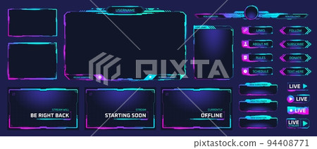 Game stream frames. Glow theme for live conference of gaming streamers, hud frame twitch streaming media gamer broadcast webcam digital box video screen, garish vector illustration 94408771