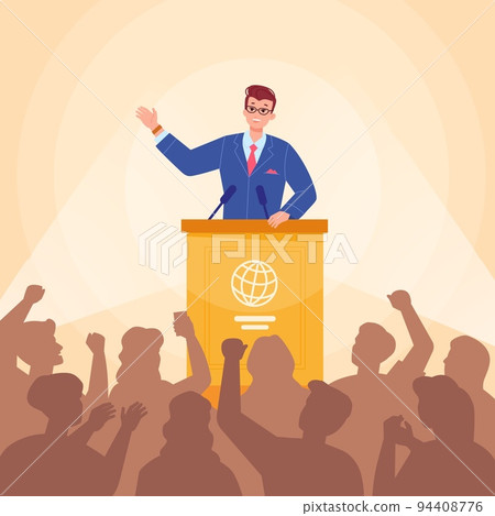 Politician speaker audience. Minister president government on podium speaking with voting people, public speech confident orator in conference tribune, swanky vector illustration Politician speaker audience. Minister president government on podium speaking with voting people, public speech confident orator in conference tribune, swanky vector illustration 94408776