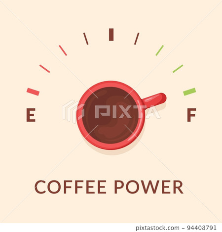 Coffee fuel. Caffeine refuel gauge concept, cup power gas meter cafe fuelin speedometer, idea powerful morning caffeinated booster, hot drink poster design vector illustration Coffee fuel. Caffeine refuel gauge concept, cup power gas meter cafe fuelin speedometer, idea powerful morning caffeinated booster, hot drink poster design vector illustration 94408791