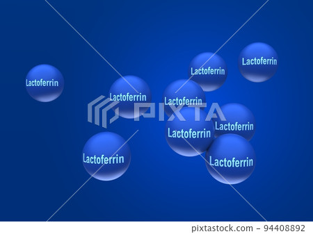 Abstract particles of lactoferrin in the form of blue balls with the inscription lactoferrin on a blue background. 3d rendering illustration 94408892