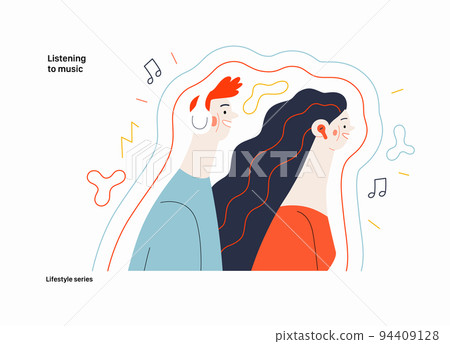 Lifestyle series - Listening to music - modern flat vector illustration of a man and a woman with buds and headphones listaening to music surrounded by waves. People activities concept Lifestyle series - Listening to music - modern flat vector illustration of a man and a woman with buds and headphones listaening to music surrounded by waves. People activities concept 94409128
