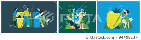 Ecology - Modern flat vector concept illustration on green positive thinking. Waste sorting, Recycling, Green energy, Save the planet, bio farming. Creative landing web page illustrations set 94409137