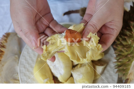 Hand Holding Fresh Ripe Durian Hand Holding Fresh Ripe Durian 94409185