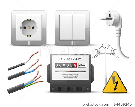 Realistic electricity. 3d power line, socket, switch, energy meter, modern technology, cable with colored wires, isolated elements, high voltage sign, utter vector electrical equipment set 94409240