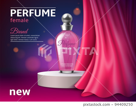 Cosmetic product silk podium. Realistic perfume bottle on presentation stage with red textile drapery, round pedestal, glass 3d phial, cosmetic glamour promotional banner, utter vector concept 94409250
